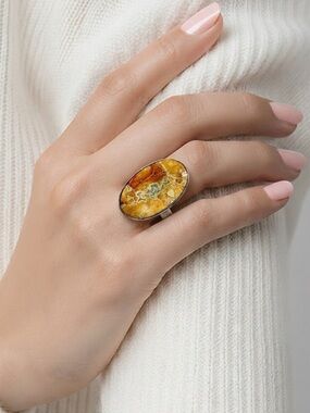 Brecciated Jasper Oval Cocktail Ring Silver Plated Unisex Size 5.5